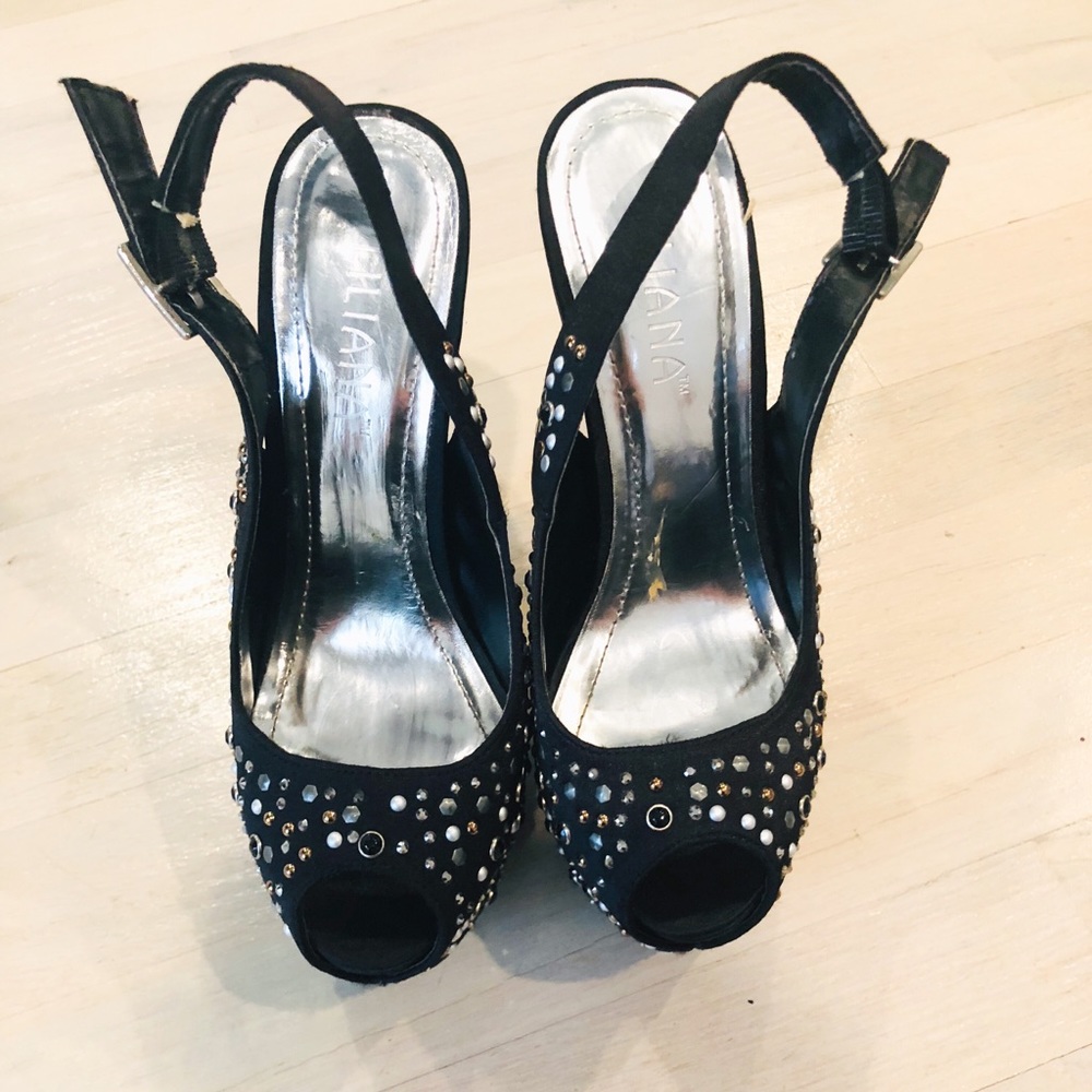 Beaded black satin heels / platforms